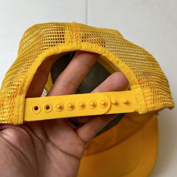 Vtg 3 Three Stripe Trucker Hat Fishing Tackle Black Yellow Snapback Mesh Cap USA - Picture 5 of 9